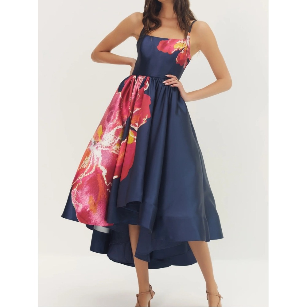 Hutch Shyloh Floral Mikado High Low Gown Navy Pink Floral Formal Dress Sz 14 NWT